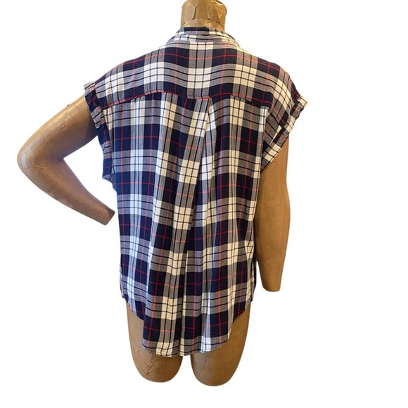Jachs Girlfriend Quinn Cap Sleeve Button-Down Flannel Plaid Top XXL Blue #238V - Picture 6 of 8